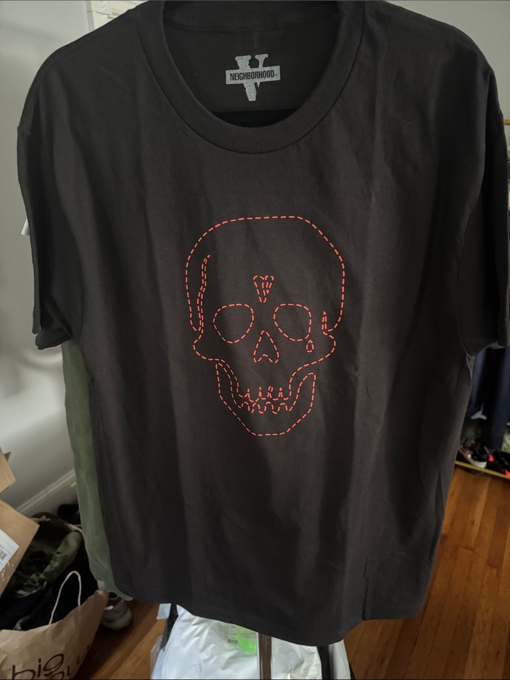 Neighborhood Black Short-Sleeve Tee with Red Skull Stitch